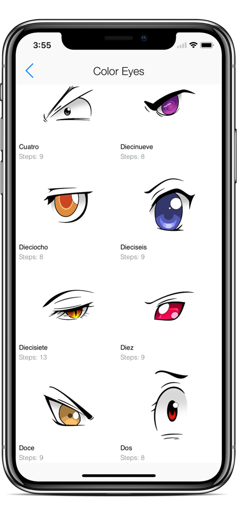 Draw Anime Eyes - Cutest Eyes - A selection screen of various colorful anime eye styles with step by step drawing counts