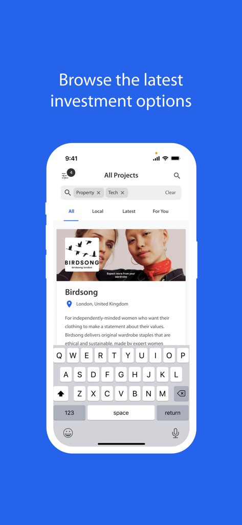 Angel Investment Network - Smartphone screen displaying the Angel Investment Network app with a search bar for filtering startup projects by category.