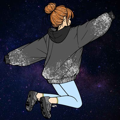 realistic girl jumping with a bun and oversized sweatshirt