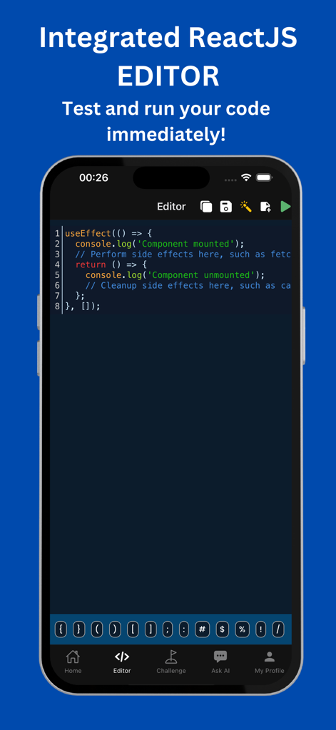Editor de código ReactJS integrado em um dispositivo móvel para testar e executar código