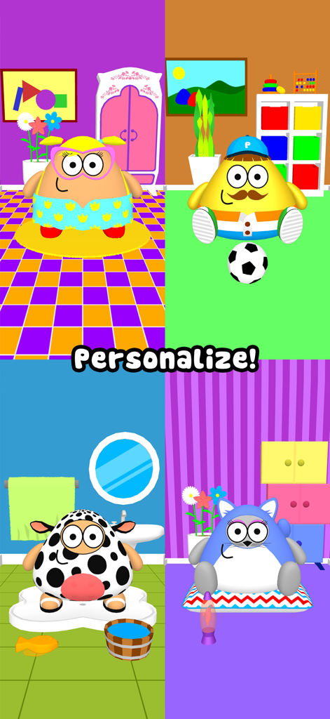 A collage showing four different Pou 3D characters customized with unique outfits and rooms with the text personalize