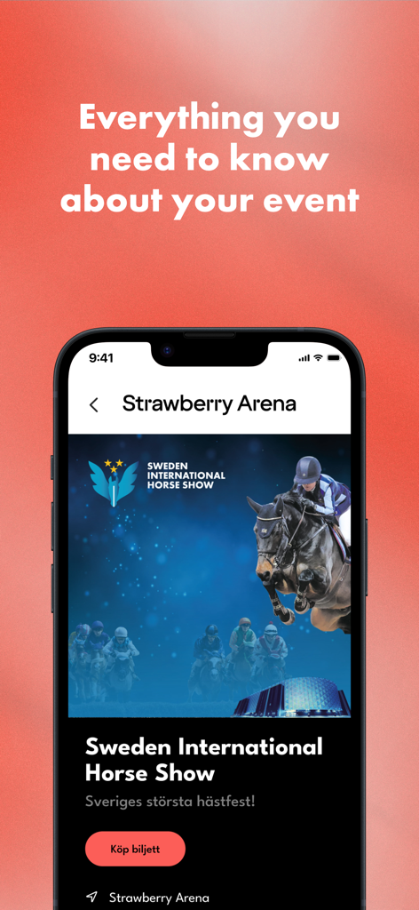 Pantalla de smartphone que muestra los detalles del evento para el Sweden International Horse Show en el Strawberry Arena en la aplicación Stockholm Live