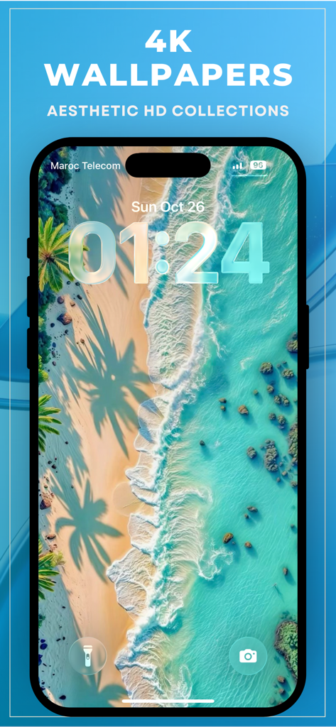 iPhone lock screen displaying an aesthetic 4K tropical beach wallpaper with a depth effect clock