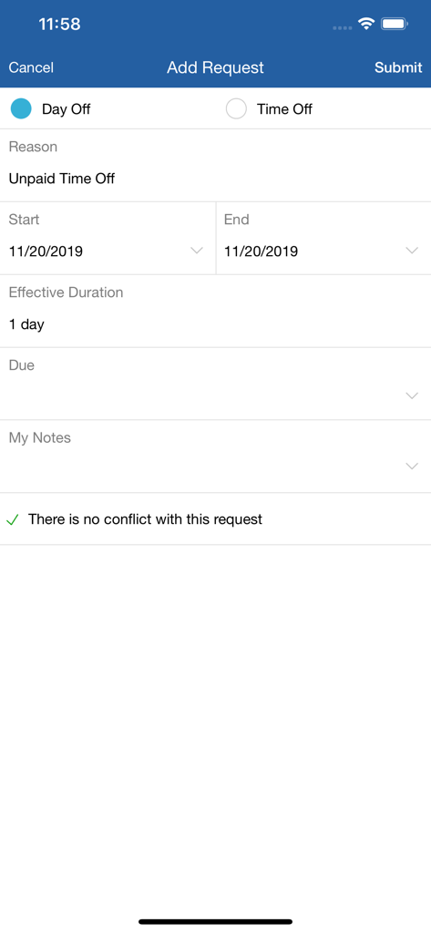 QC Time - QuickChek QC Time app interface for submitting an unpaid time off request showing no schedule conflicts