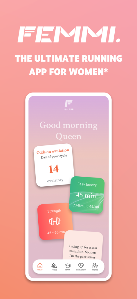 Femmi: Running Plans for Women - Femmiランニングアプリのインターフェース。女性向けのパーソナライズされたダッシュボードで、周期追跡とワークアウトプランが表示されています