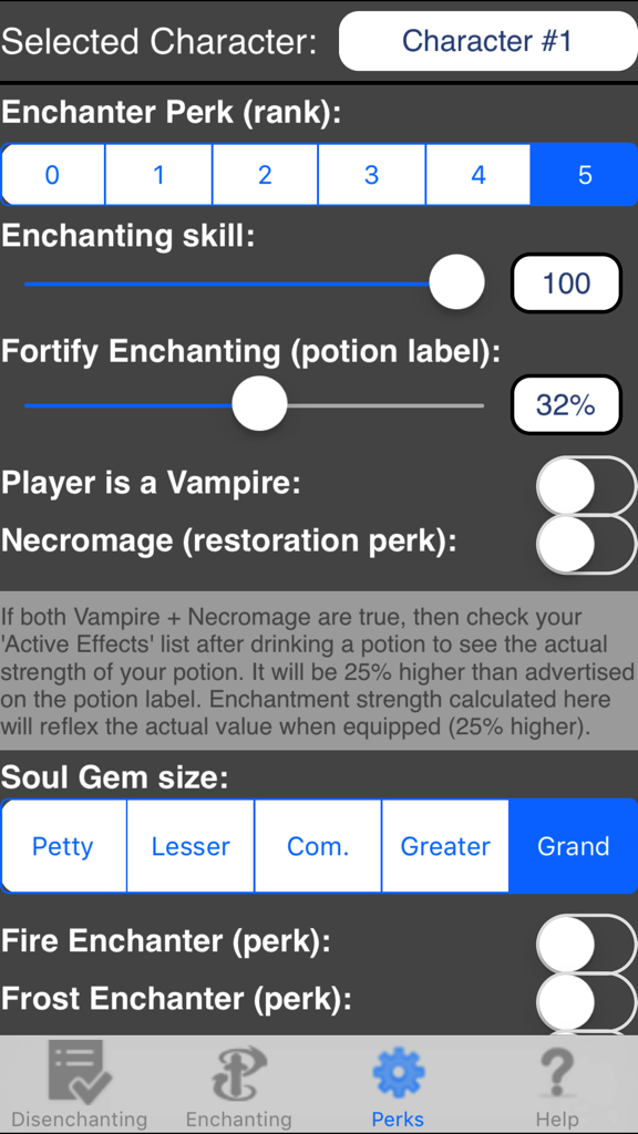Enchanting for Skyrim ® - Interface of an enchanting companion app for Skyrim showing sliders for skill levels and toggles for character perks.