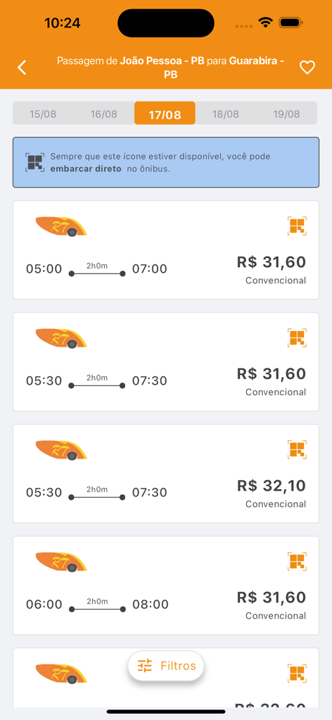 Viação Rio Tinto - Viacao Rio Tinto mobile app screen showing bus departure times and ticket prices for travel in Paraiba