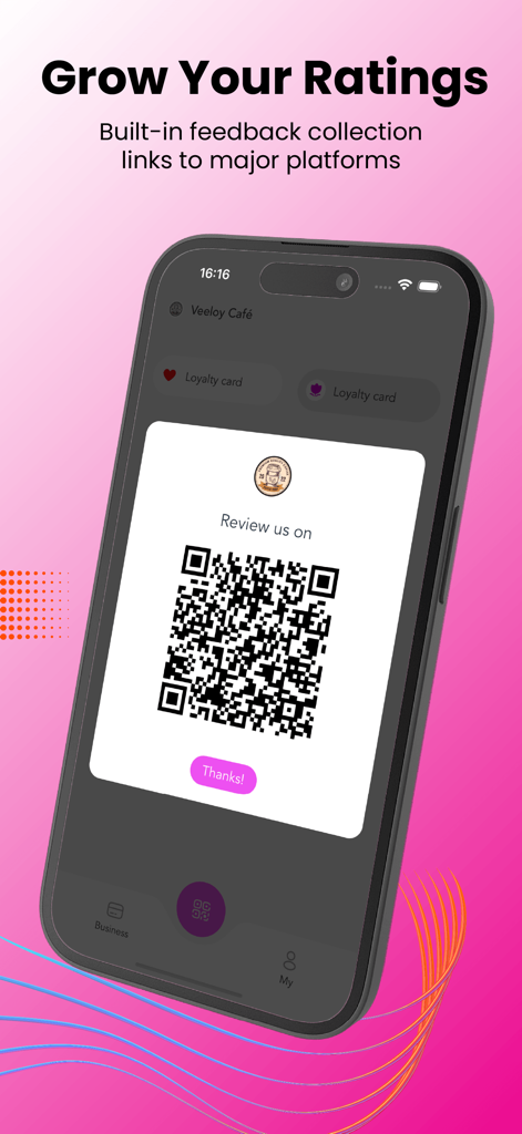 Ein Smartphone-Bildschirm, der die Bewertungsfunktion der VeeCard-App mit einem QR-Code zur Sammlung von Kundenfeedback und zur Steigerung der Geschäftsratings zeigt.