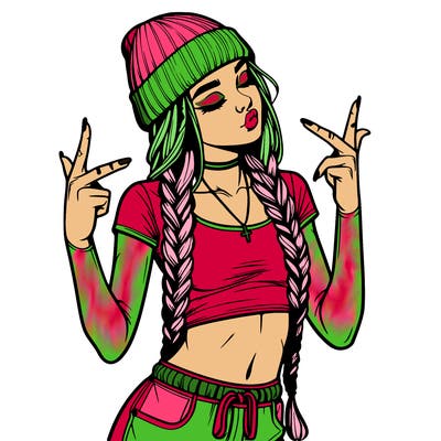 realistic teenage girl with braids and a beanie and crop top doing 🫶🏼