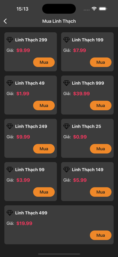 Webnovel.vn – Truyện & Sách - Pantalla de compra dentro de la aplicación para Piedras Espirituales en la aplicación Webnovel.vn que muestra varios niveles de precios en modo oscuro.