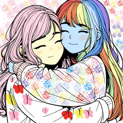 realistic two girls hugging