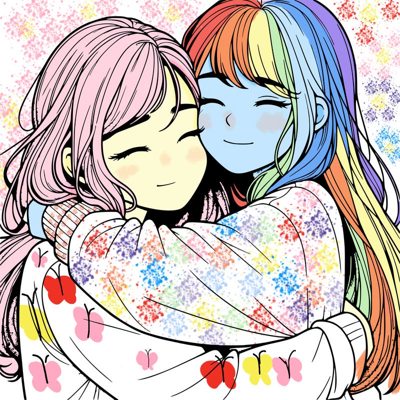 realistic two girls hugging