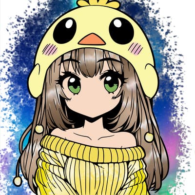 anime girl with chick shaped hat with sweater with bare shoulders with bangs covering them one eye with low tail