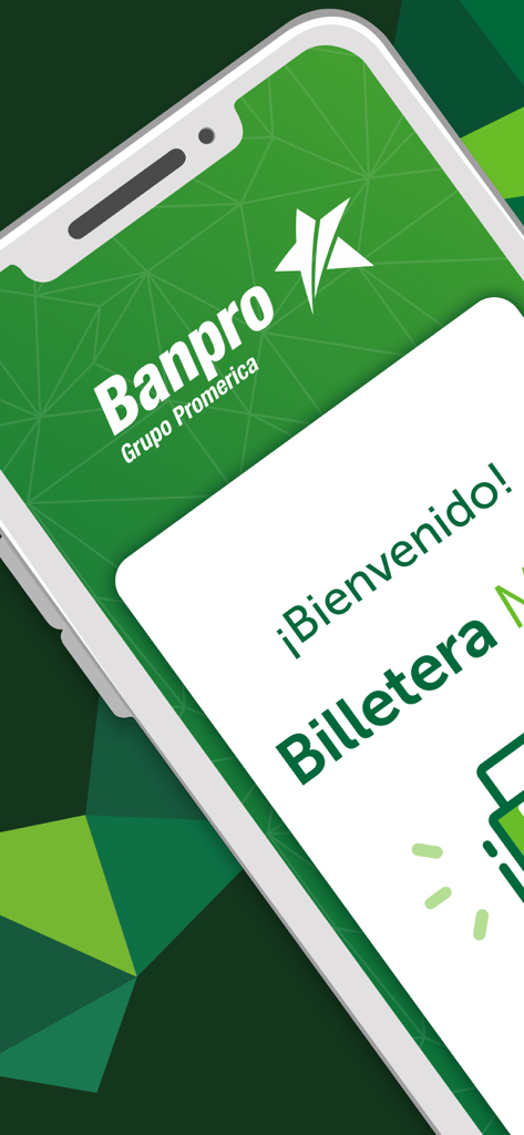 Pantalla de bienvenida de la app Banpro Billetera Movil con el logo del banco y un patrón geométrico verde.