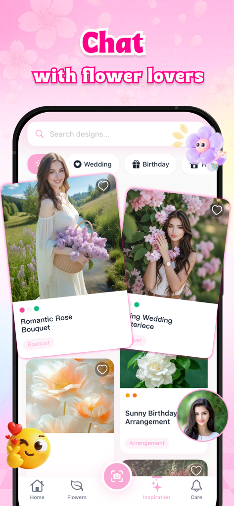 Bloom - Your Floral Expert - A mobile app screen for Bloom showing floral design inspiration cards and a chat feature for flower enthusiasts