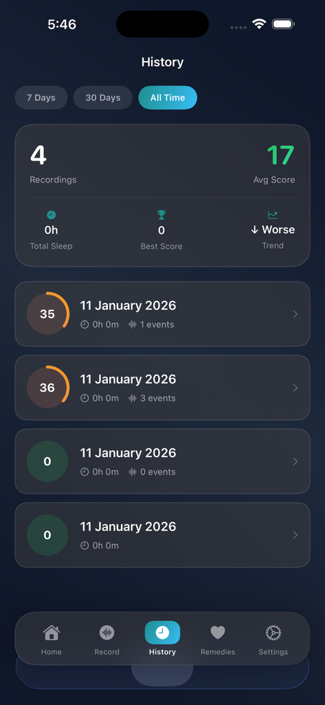 Snore Recorder Tracker - The history tab of the Snore Recorder Tracker app displaying a summary of recordings and a list of sleep sessions with scores.