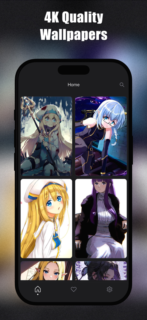 Anime Girl Wallpaper 4K | HD - Smartphone screen displaying a grid of high-quality anime girl wallpapers in a mobile app