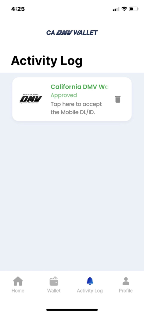 CA DMV Wallet - CA DMVウォレットアプリのアクティビティログ。承認されたモバイル運転免許証リクエストが表示されます。