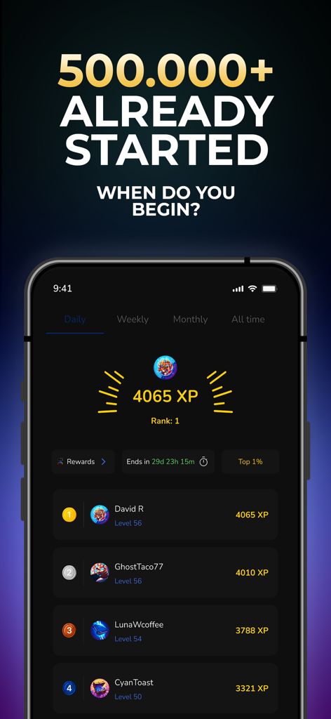 Legacy Academy - Legacy Academyのモバイル画面、ユーザーランク、経験値、レベルが表示されたリーダーボードを表示