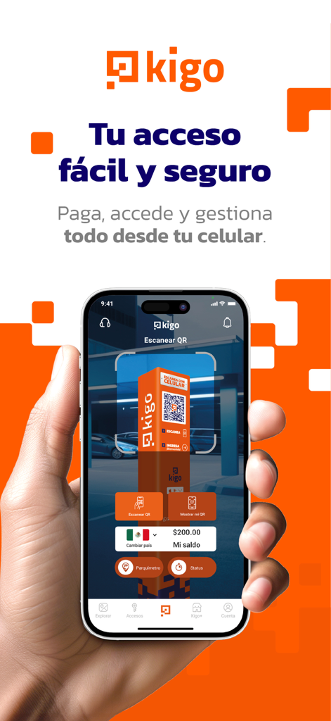 A person holding a smartphone using the Kigo app to scan a QR code on a parking kiosk for digital payment