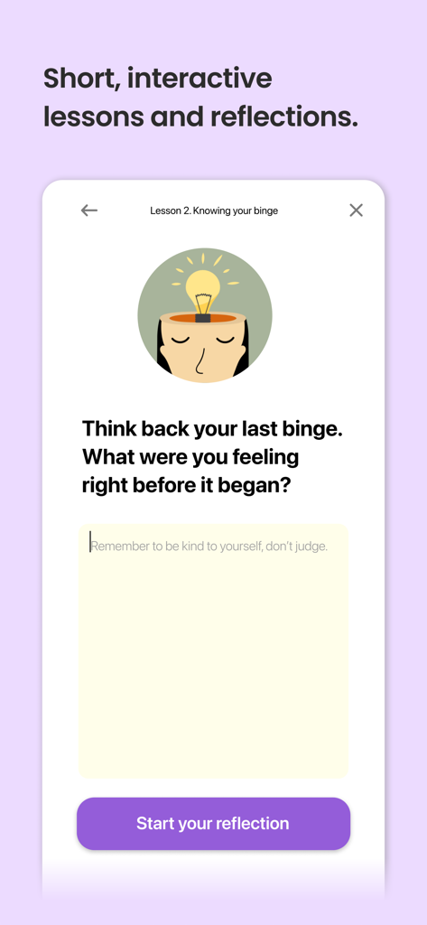 R.care - Binge Eating Recovery - R.care app screen featuring an interactive reflection lesson about understanding binge triggers and feelings.
