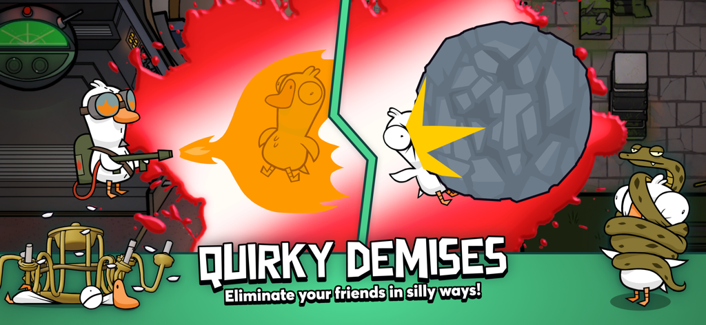 A cartoon illustration showing various silly ways to eliminate players in Goose Goose Duck like using a flamethrower or a giant boulder