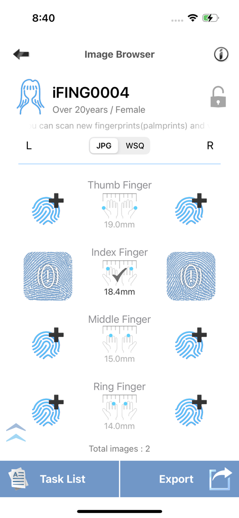 iFING Scanner - iFING Scanner app interface showing the image browser with captured fingerprints and export options
