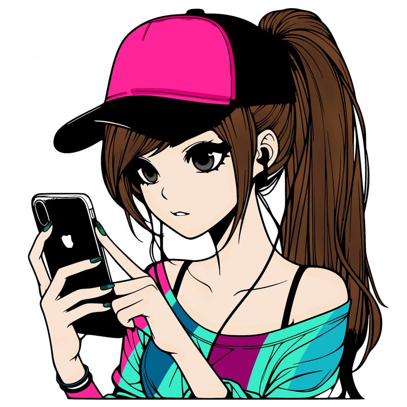 realistic girl with a long ponytail and trucker hat holding an iphone