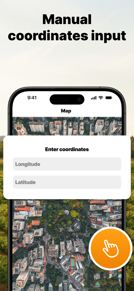 Field Area Measure - Manual longitude and latitude coordinate input screen over a satellite map view in the Field Area Measure app.