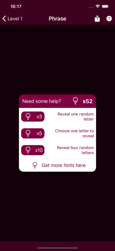 Dingbats - Between the lines - A popup menu in the Dingbats mobile app titled Need some help offering options to reveal letters in exchange for hints