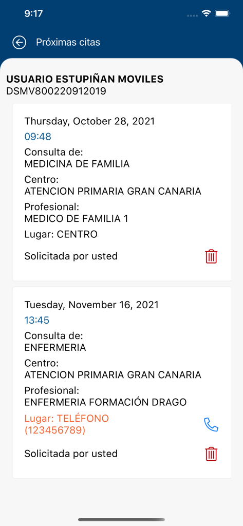 miCita previa - A list of upcoming medical appointments for family medicine and nursing in the miCita previa app
