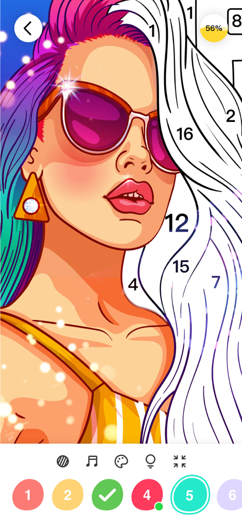 No.Paint - Coloring Games - Digital color by number game screen featuring a stylish woman with sunglasses and colorful hair