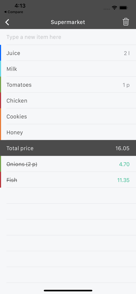 Smartphone screen showing a grocery list with items and a calculated total price