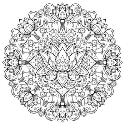 Discover a uniquely captivating coloring experience with our Steampunk Lotus Mandala design. This intricate page blends the serene beauty of lotus flowers with fascinating mechanical elements, offering a truly original artistic escape.