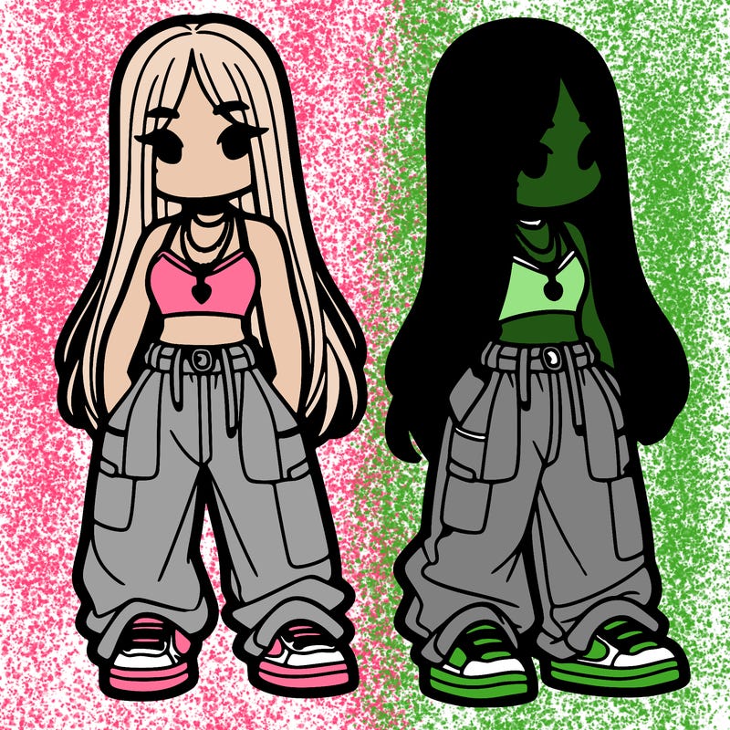 girl in baggy pants crop top and long hair