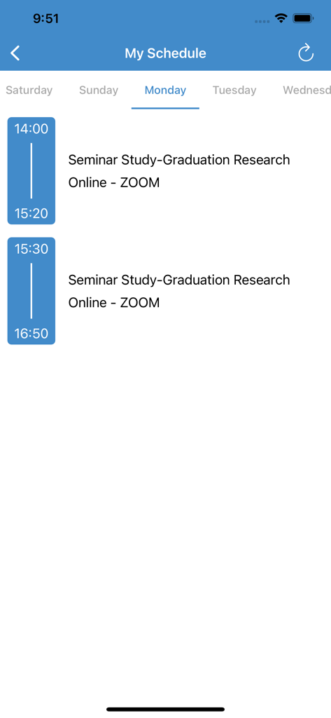 Al-Quds University - Screenshot of the My Schedule screen in the Al Quds University app displaying a student timetable for Monday with online seminar classes