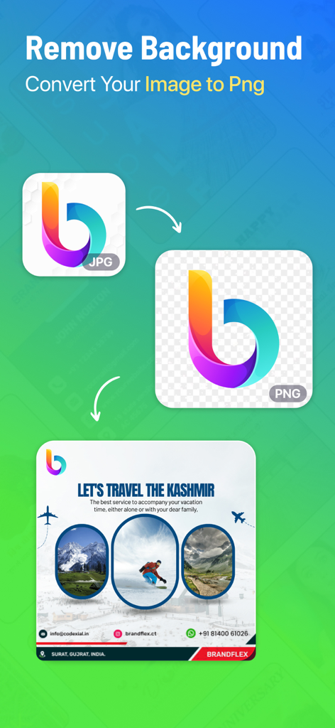 BrandFlex®: Festival Poster - Interface showing background removal and JPG to PNG conversion for business poster design.