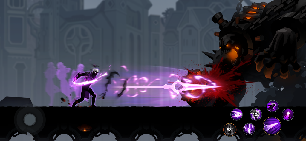Shadow Knight Ninja Fight Game - Shadow Knight benutzt eine lila Energie-Speer-Fähigkeit gegen einen riesigen Boss in einer dunklen Fantasy-Stadt