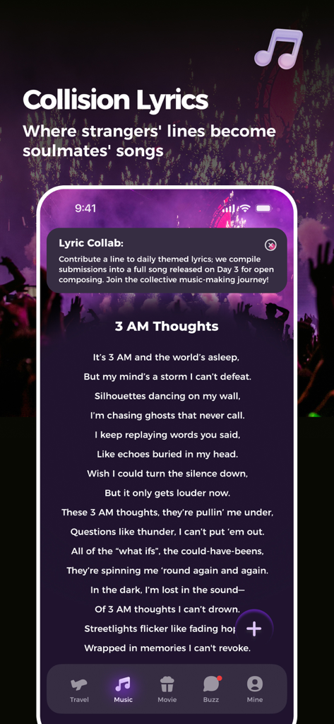 VibeHouse app interface showing the Collision Lyrics feature for collaborative songwriting and daily themed poetry.