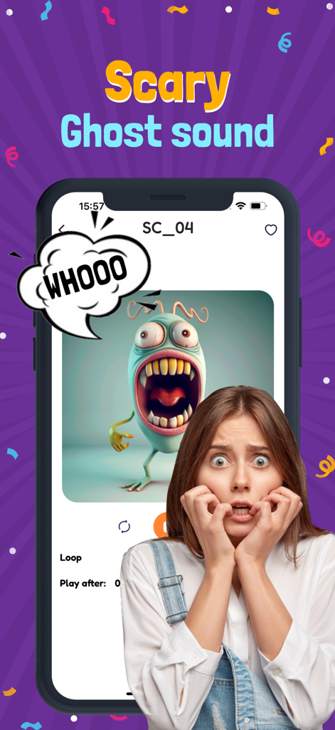 A scared woman reacting to a ghost sound prank on a mobile phone screen