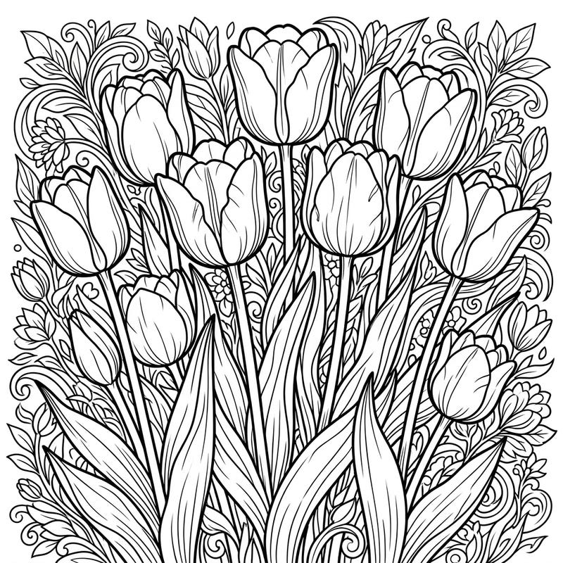 Unleash your artistic flair with this stunning Darwin Hybrid Tulips coloring page, featuring elegant blooms and rich botanical designs. Perfect for a calming creative escape, this illustration invites you to bring a garden of vibrant color to life.