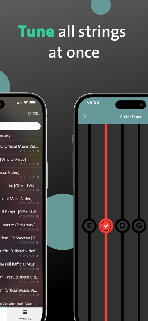 Una pantalla de teléfono móvil que muestra la función de afinador de guitarra Chordify con varias cuerdas afinándose simultáneamente.