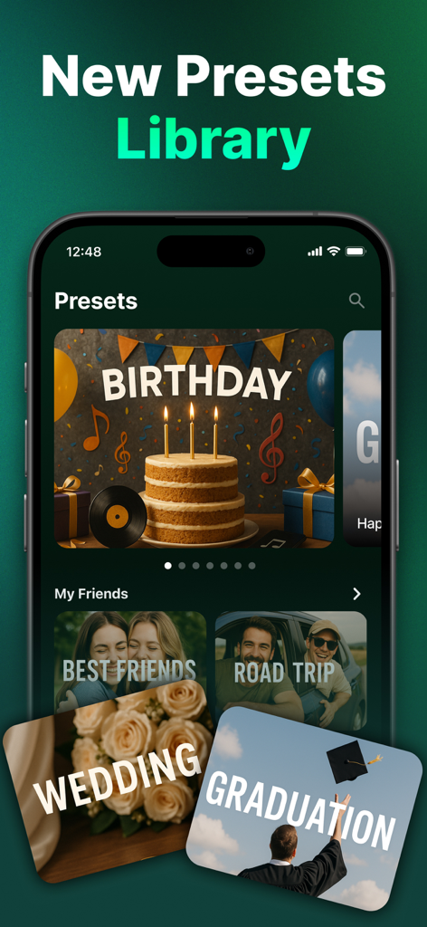 AI Song: AI Music Generator - AI-Musikgenerator-App, die eine Bibliothek von Song-Voreinstellungen für Geburtstage, Hochzeiten und Abschlussfeiern anzeigt