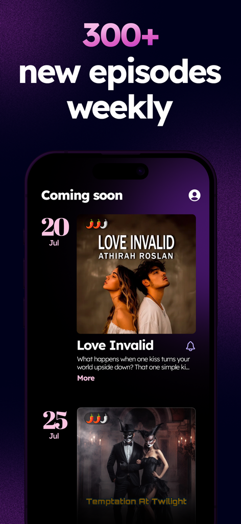 FreeFM app interface displaying 300 plus new episodes weekly and upcoming romance titles like Love Invalid and Temptation At Twilight.