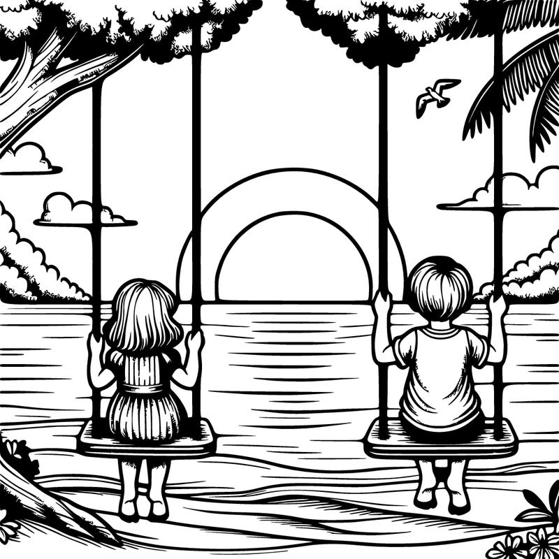 realistic sunset with a realistic girl and a realistic boy who are in the same swing swinging by the sea