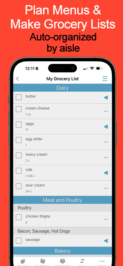 Recipe Keeper - Cook'n - Captura de tela de um aplicativo móvel mostrando uma lista de compras digital categorizada por corredores da loja como Laticínios e Carnes para compras eficientes.