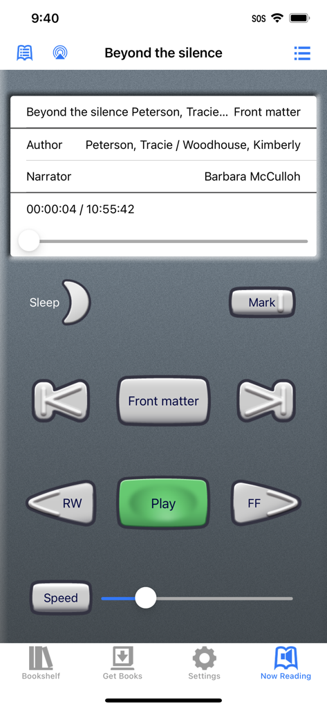 BARD Mobile - BARD Mobile app Now Reading screen showing large tactile buttons for audiobook playback controls and book metadata
