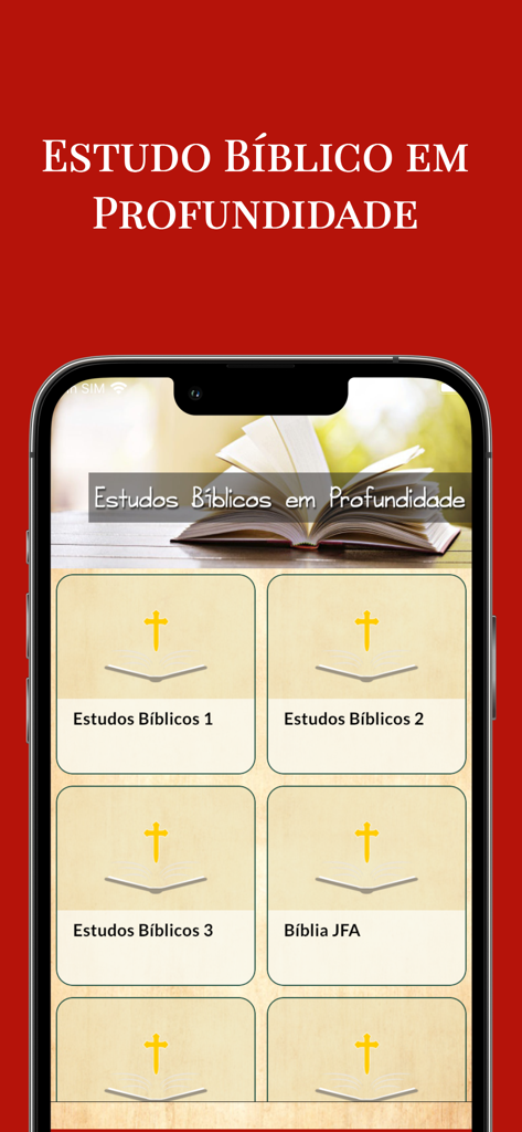 Estudo biblico em profundidade - Pantalla de iPhone mostrando el menú principal de la app Estudo bíblico em profundidade con módulos de estudio bíblico