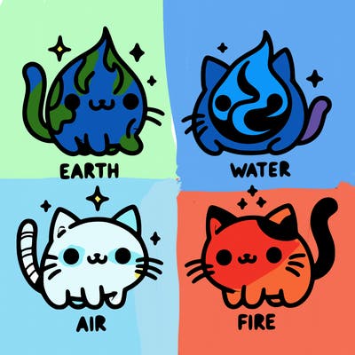 4 cats that represent the different elements, earth, water, air, and fire