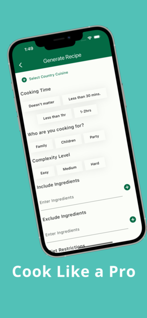Pantalla de generación de recetas de la aplicación Chef IA con filtros de tiempo de cocción, complejidad e ingredientes